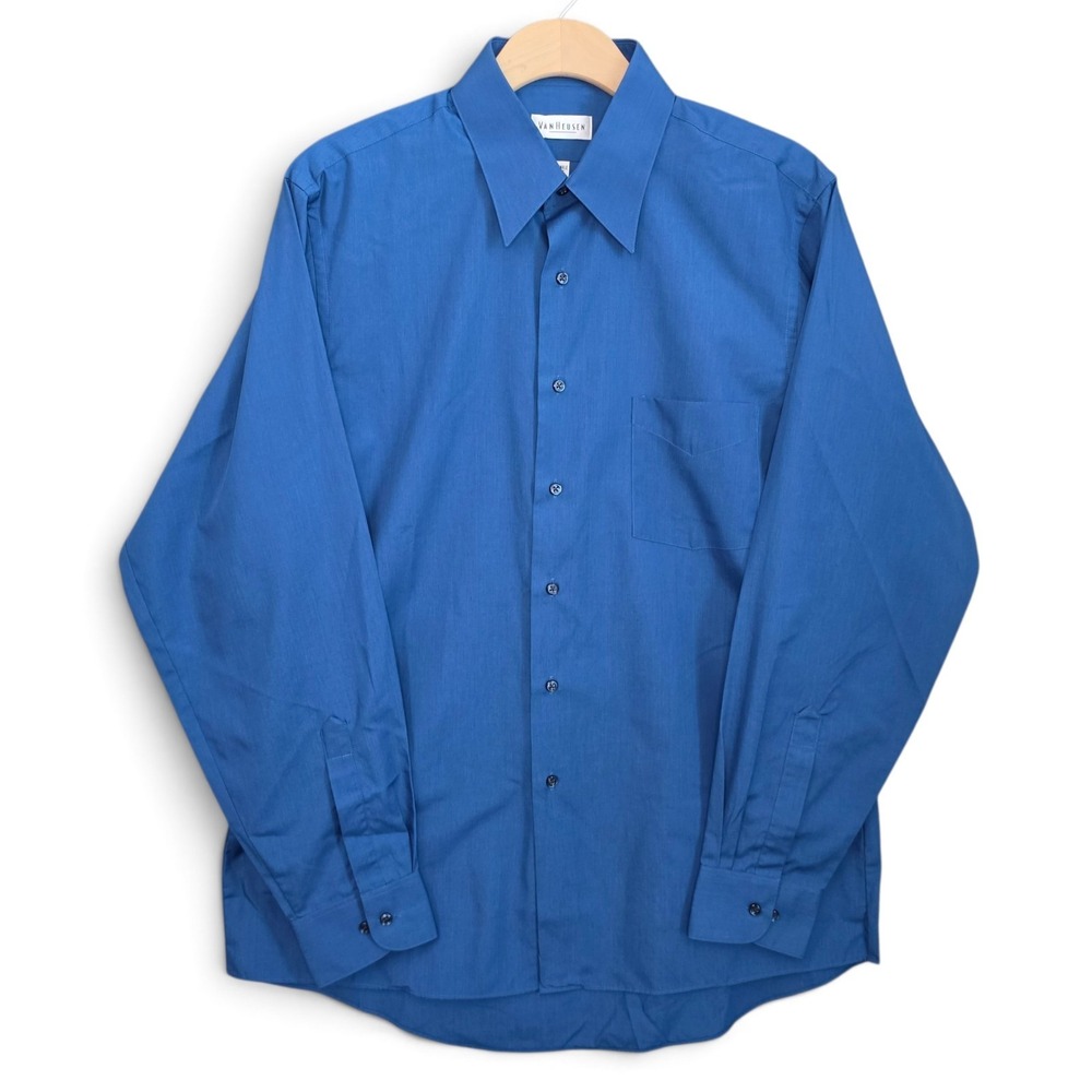Van Heusen Mens Dress Shirt 16 34/35 Blue Wrinkle Free Long Sleeve Button Front